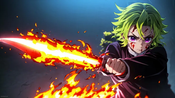 green hair, purple eyes, battle, blood, demon, demon slayer uniform, duel, fire, flaming sword, glowing weapon, holding sword, long sleeves, male focus, motion blur, night, slashing, <lora:kny_v1-000030:0.9>