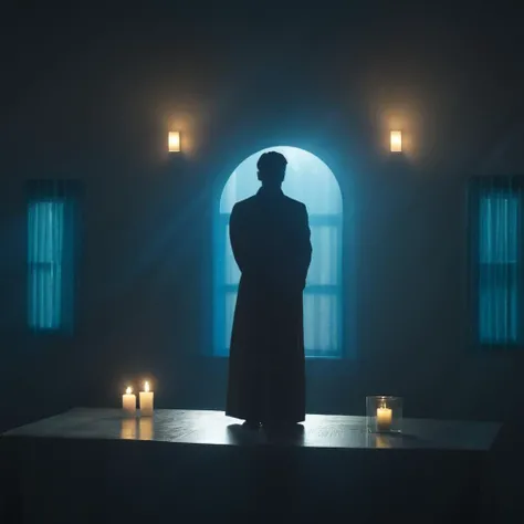 cinematic film still of <lora:volumetric lighting:1> volumetric lighting style
a person in a robe standing in a dark room with blue window light on, solo,1boy,standing,indoors,from behind,window,night,scenery,blue theme,robe,light,lamp,candle,dark,candlestand , volumetric lighting, haze light, fog light, beam light, ray light, god ray light, beam light, shaft light, crepuscular rays, blue light, window light, curtains, candles on desk in background, mirror, shallow depth of field, vignette, highly detailed, high budget, bokeh, cinemascope, moody, epic, gorgeous, film grain, grainy