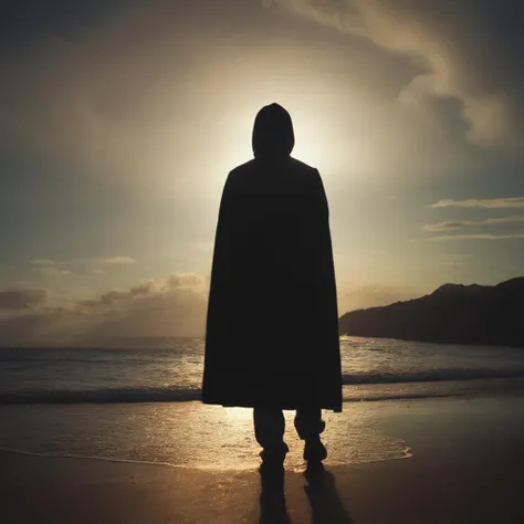 cinematic film still of  <lora:volumetric lighting:1> volumetric lighting style
a man partially covered in shadow, standing on a beach at sunset,1girl,solo,black hair,upper body,outdoors,sky,cloud,hood,water,profile,ocean,sunset,horizon , volumetric lighting, haze light, fog light, beam light, shallow depth of field, vignette, highly detailed, high budget, bokeh, cinemascope, moody, epic, gorgeous, film grain, grainy