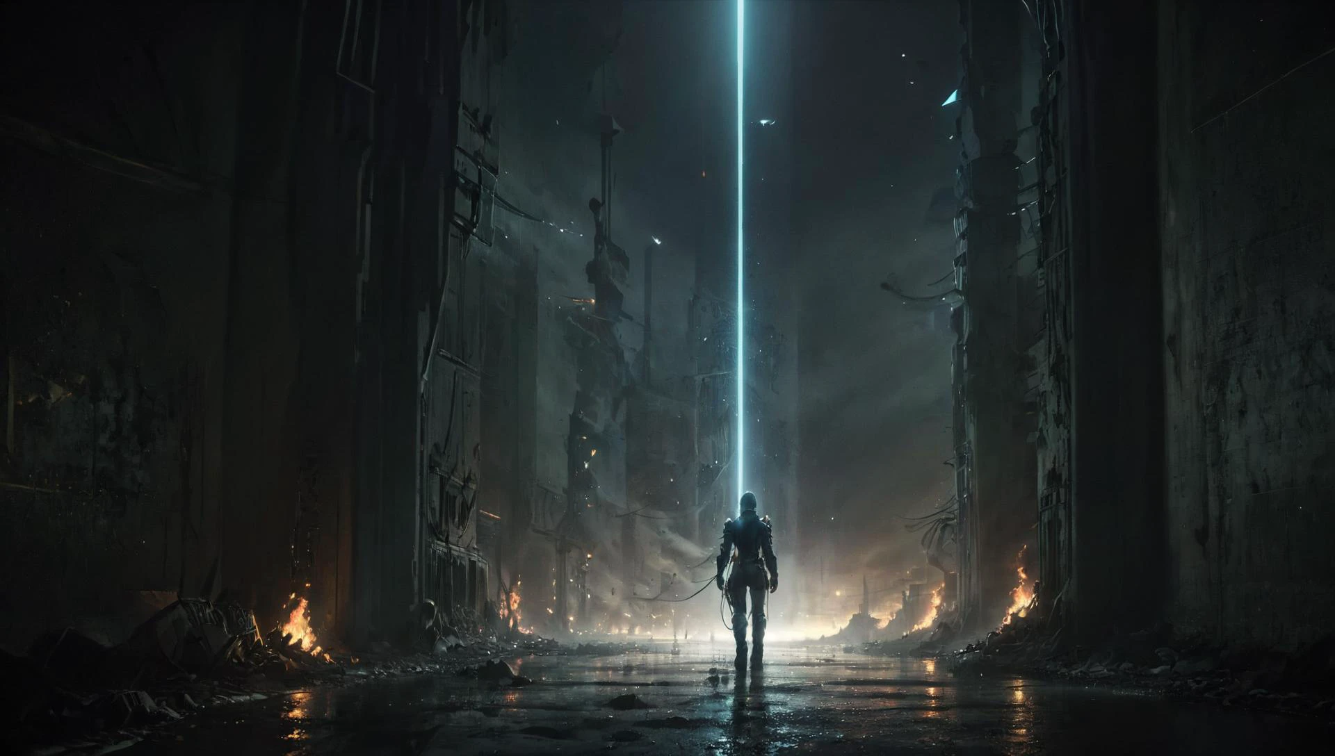 Dystopian style Dystopian style Dystopian style (((Ultra-detailed, Hyper-realistic, 8k, highres, masterpiece))),a lone wanderer,delving deep into the darkness and dispair of a gigantic desolate dytopian metropolis,discovering a technological marvel hidden for decades,ray tracing ligting and reflections.,<lora:Clothing - Hydro Armor:0.6>,hydr04rmor,hydropunk,glowing,tube,cable,wires,underwater,futuristic helmet,heavy and bulky futuristic suit,<lora:add-detail-xl:1>,<lora:Painted World:0.6>,painted world,colorful splashes,<lora:Neon_Cyberpunk_SDXL:0.8>,cyberbody,neonbody,lightstreak,holodrift,cablelink,<lora:underwater:0.45>,underwater,submerged,<lora:neonlight_V1_loha:0.8>,neonlight\(ttp\),<lora:god rays:1>,. Bleak,post-apocalyptic,somber,dramatic,highly detailed,<lora:CyberPunkAI:0.8>,CyberpunkAI,neon,<lora:volumetric lighting:0.8>,Volumetric Lighting Style,<lora:xuer future motorcycle_20240101012839:0.8>,xuer future motorcycle,. Bleak,post-apocalyptic,somber,dramatic,highly detailed, . Bleak, post-apocalyptic, somber, dramatic, highly detailed