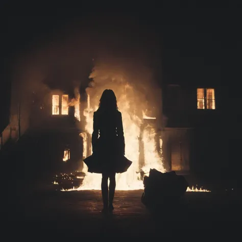 cinematic film still of  <lora:volumetric lighting:1> volumetric lighting style
a silhouette woman standing in front of a fire burning building in the dark staring at camera,1girl,solo,long hair,skirt,school uniform,standing,outdoors,bag,from behind,tree,sunlight,fire,scenery,stairs,torii , volumetric lighting, haze light, fog light, beam light, horror movie, horror them, shallow depth of field, vignette, highly detailed, high budget, bokeh, cinemascope, moody, epic, gorgeous, film grain, grainy