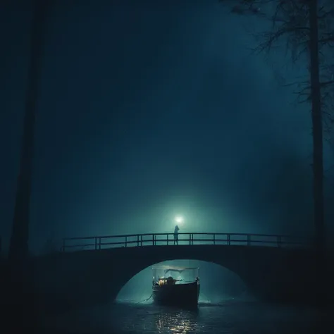 cinematic film still of <lora:volumetric lighting:1> volumetric lighting style
a small rawing boat floating in the water with a bridge in the background in a smokey hazy dark blue night,1girl,solo,outdoors,sky,water,tree,night,scenery,dark,watercraft,bridge,ship,boat , volumetric lighting, haze light, fog light, beam light, shallow depth of field, vignette, highly detailed, high budget, bokeh, cinemascope, moody, epic, gorgeous, film grain, grainy