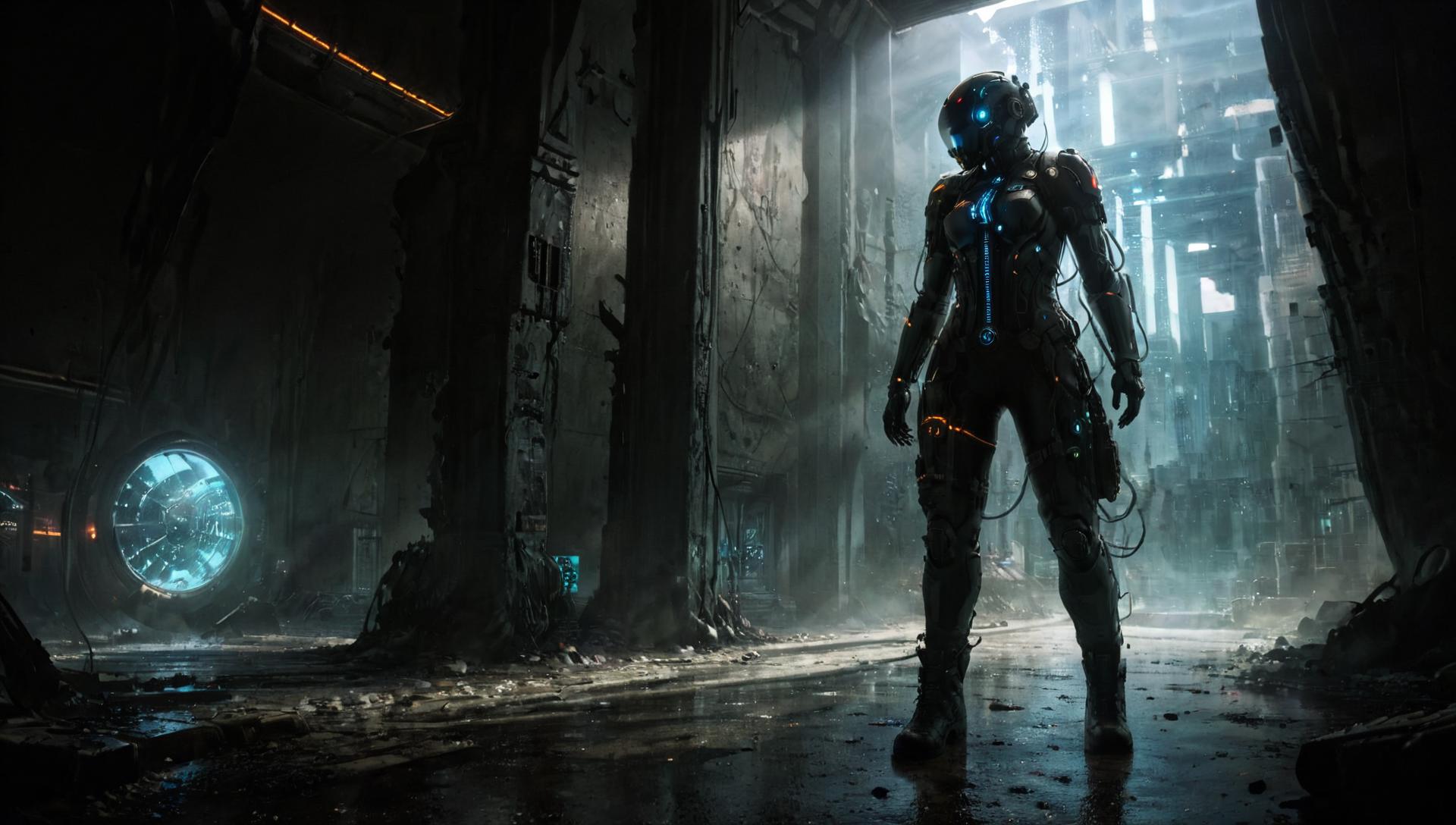 A woman in a futuristic suit standing in a dark room - SeaArt AI