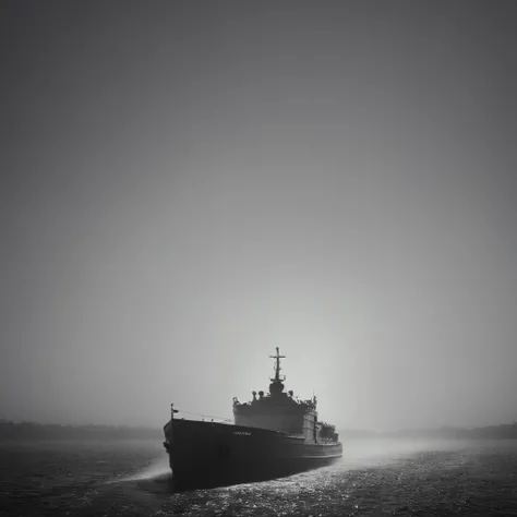 cinematic film still of <lora:volumetric lighting:1> volumetric lighting style
a ship is traveling through the water in the fog,moving to the camera, monochrome,outdoors,military,no humans,ocean,scenery,military vehicle,watercraft,ship,fog,warship , volumetric lighting, haze light, fog light, beam light, staring at camera, looking at camera, shallow depth of field, vignette, highly detailed, high budget, bokeh, cinemascope, moody, epic, gorgeous, film grain, grainy
