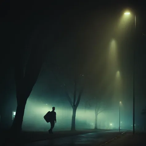 cinematic film still of <lora:volumetric lighting:1> volumetric lighting style
a man walking down a street at night,solo,1boy,standing,outdoors,sky,bag,from behind,tree,night,backpack,ground vehicle,scenery,road,dark,wide shot,lamppost,ambiguous gender , volumetric lighting, haze light, fog light, beam light, ray light, god ray light, beam light, shaft light, crepuscular rays, street light, warm streeligh, shallow depth of field, vignette, highly detailed, high budget, bokeh, cinemascope, moody, epic, gorgeous, film grain, grainy