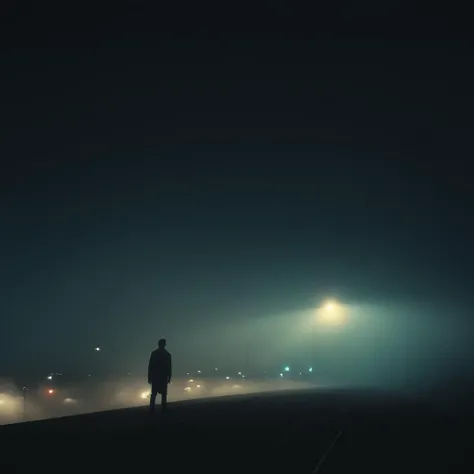 cinematic film still of  <lora:volumetric lighting:1> volumetric lighting style
a silhouette person standing on a high way streetsidewalk in the fog at nigh in the dark with bright stret lights on,solo,1boy,sitting,outdoors,sky,night,ground vehicle,scenery,motor vehicle,car,dark,lamppost , volumetric lighting, haze light, fog light, beam light, silhouette, shadow, covered in shadow, shallow depth of field, vignette, highly detailed, high budget, bokeh, cinemascope, moody, epic, gorgeous, film grain, grainy