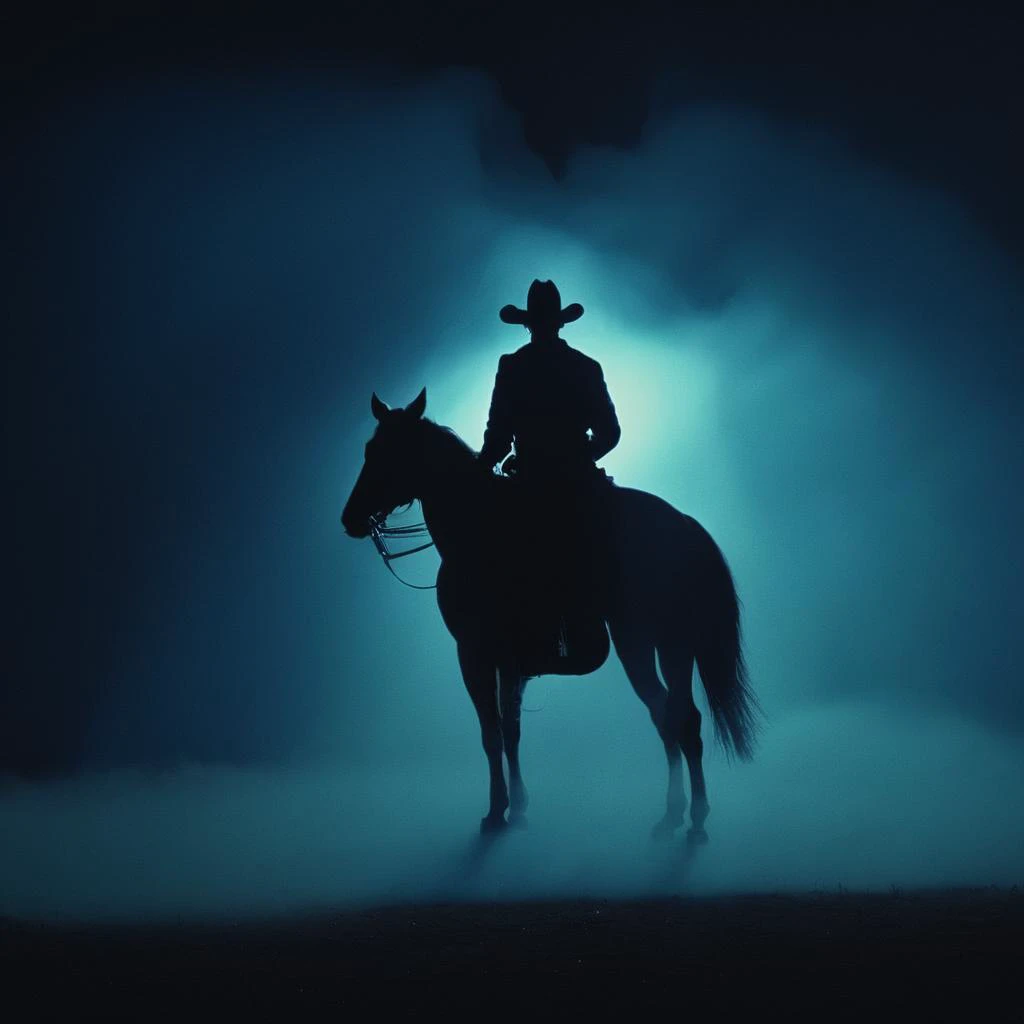 cinematic film still of  <lora:volumetric lighting:1> volumetric lighting style
a silhouette man dressed in cowboy costume, riding a horse in the dark at night, outdoors, street, blue light, blue street light, blue smoke light, solo,1boy,monochrome,male focus,from behind,animal,silhouette,dark,horse , volumetric lighting, haze light, fog light, beam light, heading to the camera, shallow depth of field, vignette, highly detailed, high budget, bokeh, cinemascope, moody, epic, gorgeous, film grain, grainy