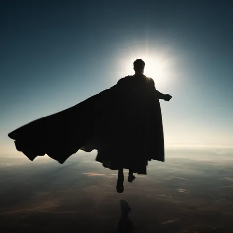 cinematic film still of  <lora:volumetric lighting:1> volumetric lighting style
a man covered in shadow in black superman costume hovering through the air over a planet earth with sun beam ray light in front,solo,1boy,male focus,cape,outstretched arms,star (sky),floating,backlighting,spread arms,space,wide shot,planet,earth (planet) , volumetric lighting, haze light, fog light, beam light, deep space, shallow depth of field, vignette, highly detailed, high budget, bokeh, cinemascope, moody, epic, gorgeous, film grain, grainy