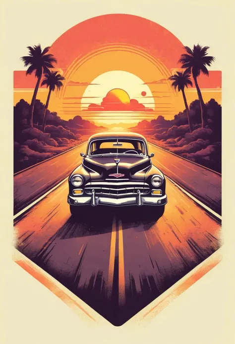 retro_tshirt a vintage car driving down a road with a sunset in the background, flat, frame,( square:1.1), (white outline:1.2) <lora:retro_tshirt:1>