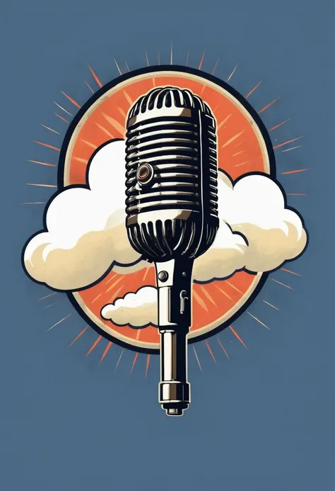retro_tshirt, a close up of a microphone with a cloud in the background, flat, frame,( square:1.1), (white outline:1.2) <lora:retro_tshirt:1>