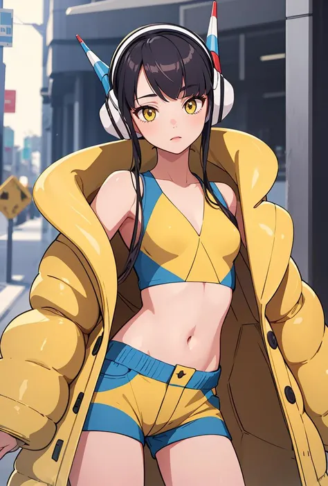 (masterpiece, best quality), 1girl, Ivory Short Brushed Up Hair with Tapered Sides, small breasts,  <lora:elesa_oufit_bw2:0.8> elesa_outfit_bw2, headphones, headgear, navel, fur coat, yellow coat, open coat, coat, jacket, yellow jacket, open jacket, crop top, shorts, short shorts