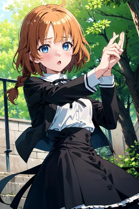 outdoors, forest, 
BREAK <lora:FutagawaFumi:0.85> FutagawaFumi, futagawa fumi, 1girl, solo, orange hair, long hair, bangs, braid, single braid, blue eyes, small breasts, BREAK yurigaoka girls academy school uniform, white shirt, cropped jacket, black jacket, long sleeves, juliet sleeves, black sleeves, black skirt, high-waist skirt, frilled skirt, buttons, neck ribbon, black ribbon, pantyhose,
dancing, 
blush, :o, furrowed brow, 
BREAK (masterpiece:1.2), (beautiful detailed eyes:1.2), perfect lighting, (perfect hands, perfect anatomy)