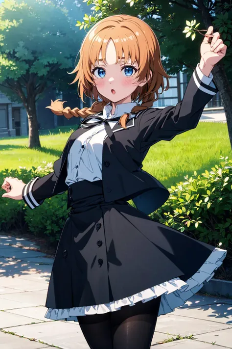 outdoors, forest,
BREAK <lora:FutagawaFumi:0.85> FutagawaFumi, futagawa fumi, 1girl, solo, orange hair, long hair, bangs, braid, single braid, blue eyes, small breasts, BREAK yurigaoka girls academy school uniform, white shirt, cropped jacket, black jacket, long sleeves, juliet sleeves, black sleeves, black skirt, high-waist skirt, frilled skirt, buttons, neck ribbon, black ribbon, pantyhose,
dancing,
blush, :o, furrowed brow,
BREAK (masterpiece:1.2), (beautiful detailed eyes:1.2), perfect lighting, (perfect hands, perfect anatomy)