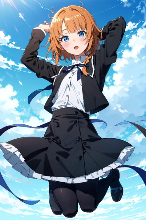 from below, outdoors, blue sky,
BREAK <lora:FutagawaFumi:0.85> FutagawaFumi, futagawa fumi, 1girl, solo, orange hair, long hair, bangs, braid, single braid, blue eyes, small breasts, BREAK yurigaoka girls academy school uniform, white shirt, cropped jacket, black jacket, long sleeves, juliet sleeves, black sleeves, black skirt, high-waist skirt, frilled skirt, buttons, neck ribbon, black ribbon, pantyhose,
from below, jumping, arm behind head, full body, looking down, looking at viewer,
blush, smile, :o,
BREAK (masterpiece:1.2), (beautiful detailed eyes:1.2), perfect lighting, (perfect hands, perfect anatomy)