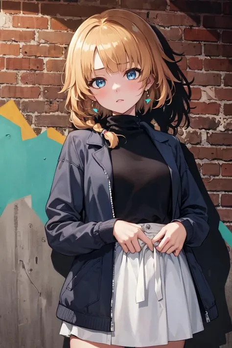 masterpiece, best quality, absurdres, perfect anatomy, 1girl, solo, FutagawaFumi, long hair, braid, earrings, sharp eyes, choker, neon shirt, open jacket, turtleneck sweater, night, against wall, brick wall, graffiti, dim lighting, alley, looking at viewer, <lora:FutagawaFumi:0.8>