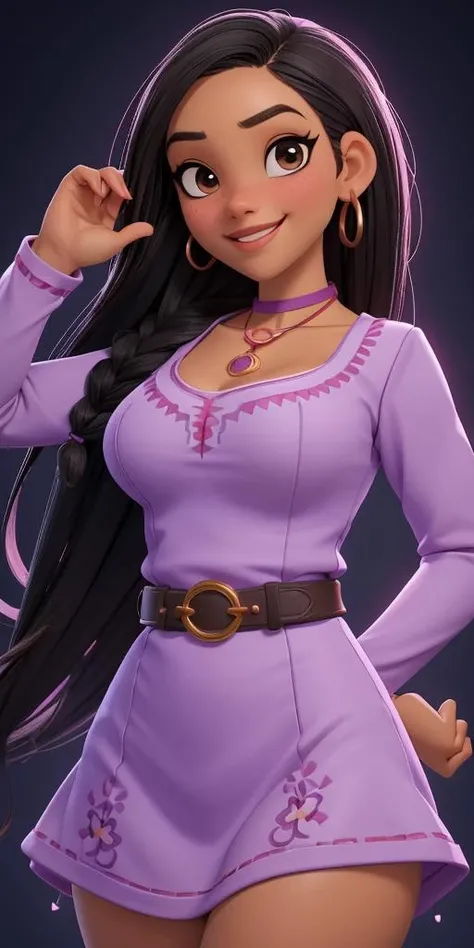 (best quality:1.4),(shiny skin), body focus, (cute face), (((best quality))), illustration, ((Beautiful Finger)), , Beautiful body, Beautiful character design, ,perfect lighting, Colorful, Bright_Front_face_Lighting, ultra high res, highres, absurdres:1.2, bokeh:1.2, lens flare, (vibrant_color:1.2), (Beautiful, medium breasts:1.6), (thick thighs:1.1), THICK, Young female character, Long, straight, black hair with side braids, Content, smiling expression, Light purple dress with a darker purple belt and neckline embroidery, Red choker-style necklace with a circular pendant, <lora:Asha:1>, Asha, brown eyes, hand on hip