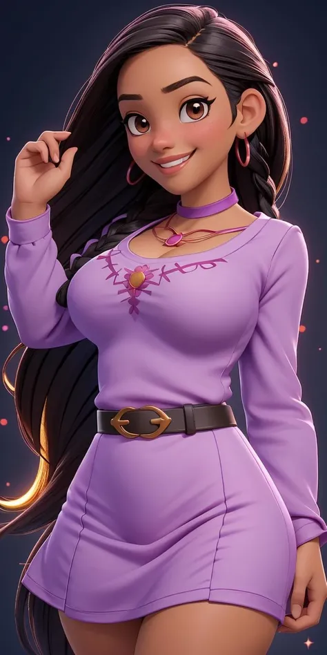 (best quality:1.4),(shiny skin), body focus, (cute face), (((best quality))), illustration, ((Beautiful Finger)), , Beautiful body, Beautiful character design, ,perfect lighting, Colorful, Bright_Front_face_Lighting, ultra high res, highres, absurdres:1.2, bokeh:1.2, lens flare, (vibrant_color:1.2), (Beautiful, medium breasts:1.6), (thick thighs:1.1), THICK, Young female character, Long, straight, black hair with side braids, Content, smiling expression, Light purple dress with a darker purple belt and neckline embroidery, Red choker-style necklace with a circular pendant,  <lora:Asha:1>, Asha, brown eyes,  <lora:GoodHands-beta2:1>