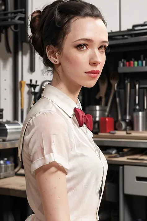 <lora:rebeccahall:0.6>,,rebeccahall, ,photo of a woman, ((hair up, hair in bun):1.1) ((bowtie, white shirt):1.2), ((garage, tools, workbench):1.2),((red lipstick, eyeliner, eye shadow, blush)), ((best quality, masterpiece, extreme details, high resolution):1.2),((detailed eyes, beautiful eyes, detailed face, beautiful face):1.2)