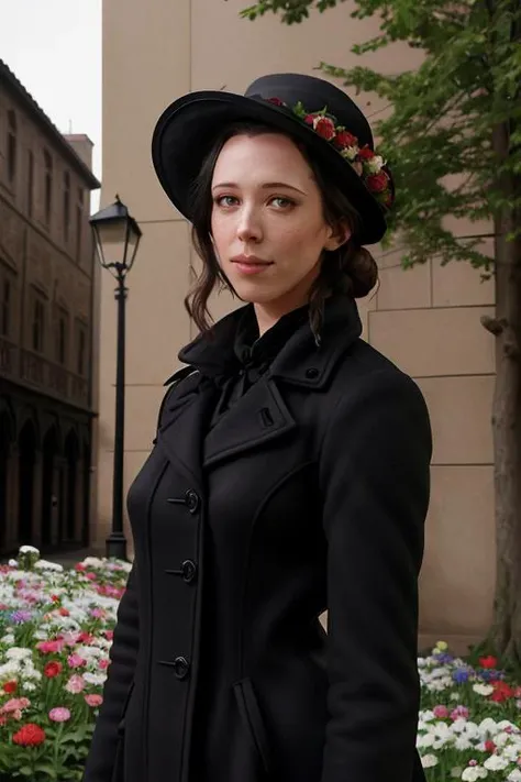 <lora:rebeccahall:0.6>,,rebeccahall, , photo of a woman, ((hair tied back, hair in bun, dark brown hair)), ((outdoors, medieval city, black coat, flower hat, flowers)),smiling, (red lipstick, blush), ((best quality, masterpiece, extreme details, high resolution):1.2),((detailed eyes, beautiful eyes, detailed face, beautiful face):1.2)