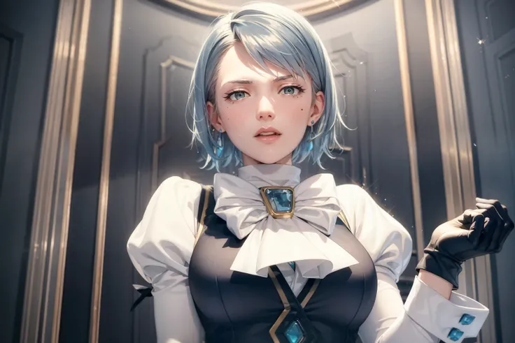 masterpiece, best quality,mei karuma,blue hair,1girl, gloves, solo, jewelry, open mouth, earrings, ascot, blue hair, puffy sleeves, long sleeves, black gloves, short hair, upper body, vest,(kbxll:0.6)
