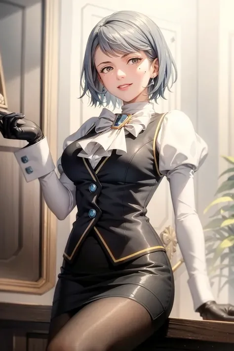masterpiece, best quality,mei karuma,(blue hair:1.2),1girl, pantyhose, solo, skirt, mole, pencil skirt, mole under eye, gloves, puffy sleeves, short hair, juliet sleeves, long sleeves, ascot, black gloves, wide hips, jewelry, black skirt, black pantyhose, brooch, blue hair, vest, smile, blue eyes, grey eyes, thighs,(kbxll:0.6)