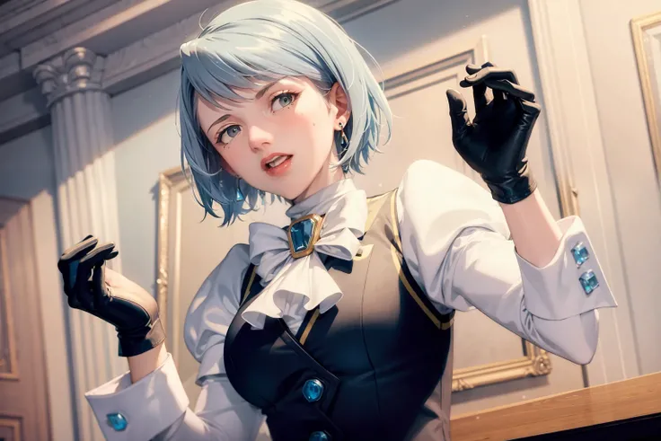 masterpiece, best quality,mei karuma,blue hair,1girl, gloves, solo, jewelry, open mouth, earrings, ascot, blue hair, puffy sleeves, long sleeves, black gloves, short hair, upper body, vest,(kbxll:0.6)
