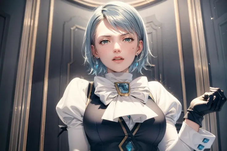 masterpiece, best quality,mei karuma,blue hair,1girl, gloves, solo, jewelry, open mouth, earrings, ascot, blue hair, puffy sleeves, long sleeves, black gloves, short hair, upper body, vest,(kbxll:0.6)