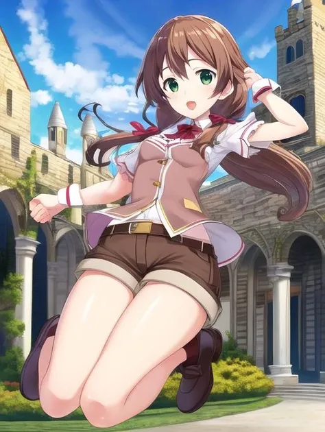 best quality, masterpiece, highres, detailed, perfect anatomy,  <lora:Detail - add_detail:0.2>, shorts, brown hair, green eyes, RoroaAmi, castle, outdoors, courtyard, jumping, <lora:Character - RoroaAmi:0.8>, 1girl,