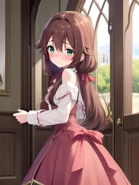 best quality, masterpiece, highres, detailed, perfect anatomy, <lora:Detail - add_detail:0.2>, long skirt, embarassed, brown hair, green eyes, RoroaAmi, castle, indoors, blush, <lora:Character - RoroaAmi:0.8>, 1girl,