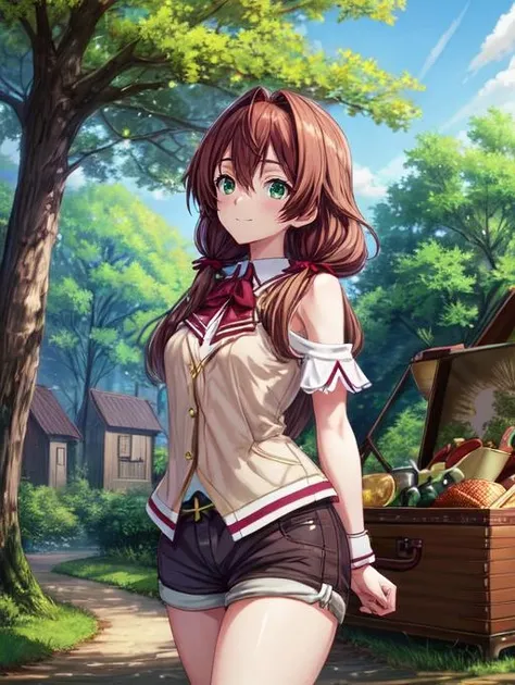 best quality, masterpiece, highres, detailed, perfect anatomy, <lora:Detail - add_detail:0.2>, shorts, brown hair, green eyes, RoroaAmi, village, arms behind back, tree, forest, picnic, smug, <lora:Character - RoroaAmi:0.8>, 1girl,