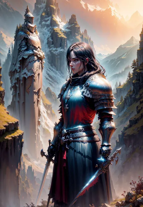 a knight standing on a cliff with a sword,
(weapon, armour, full armour),
mountains landscape in the background, river, sunrise, forest in the distance, summer time, fantasy style,
((masterpiece), (best quality), (ultra-detailed)) , <lora:details_more_details_butterfly:0.5>,  <lora:knight:0.7>