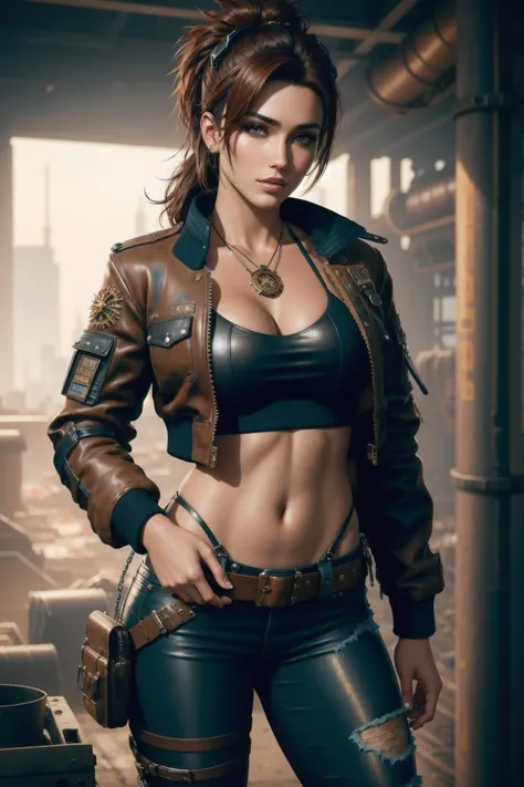 solo, masterpiece, best quality, perfect face, body shot of a steampunk mechanic girl wearing torn leather pants and a cropped bomber jacket, dirty skin, buckles and straps, dirty metal, cyberpunk, apocalyptic, smoky, mechanical, industrial factory, intricate