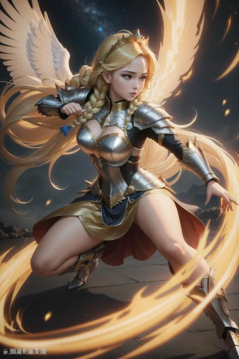 solo, masterpiece, best quality, 1 girl, princess, royalty, long blonde braided hair, metal armored dress, full body, fighting stance, dynamic angle, wing hair ornament