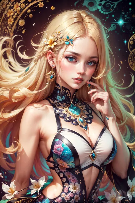 Caucasian girl, European, best angleofficial art, unity 8k wallpaper, ultra detailed, beautiful and aesthetic, beautiful, masterpiece, best quality, (zentangle, mandala, tangle, entangle), (ecstasy of flower:1.2), dynamic angle, cowboyshot, the most beautiful form of chaos, elegant, a brutalist designed, vivid colours, romanticism, atmospheric