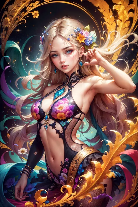 (masterpiece, top quality, best quality, official art, beautiful and aesthetic:1.2), smiley face smile on face, huge breasts, hot body curves, (1girl:1.3),neon,sportlight,fractal fire, extremely detailed,(fractal art:1.1),(colorful:1.1)(flowers:1.3),highest detailed,(zentangle:1.2), full body, (abstract background:1.3), (shiny skin), (many colors:1.4), ,(earrings), (feathers:1.5)