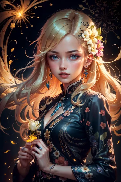 (best quality, masterpiece, official art, beautiful and aesthetic:1.2), 1girl, dynamic pose, particle, wind, flower, upper body, simple background, looking at viewer, blonde, extremely detailed, (fractal art:1.2), colorful, (zentangle:1.2), (abstract background:1.5), (many colors:1.4), pixelated fragments, data corruption,colorful noise, visual chaos, contemporary aesthetics, (hair ornaments, earrings, flowers hair ornaments),