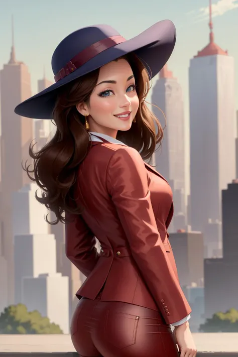 masterpiece, best quality, pauline, purple hat, red jacket, red pants, high heels, smile, looking at viewer, city street, smile, from side <lora:pauline-nvwls-v4-000012:0.9>