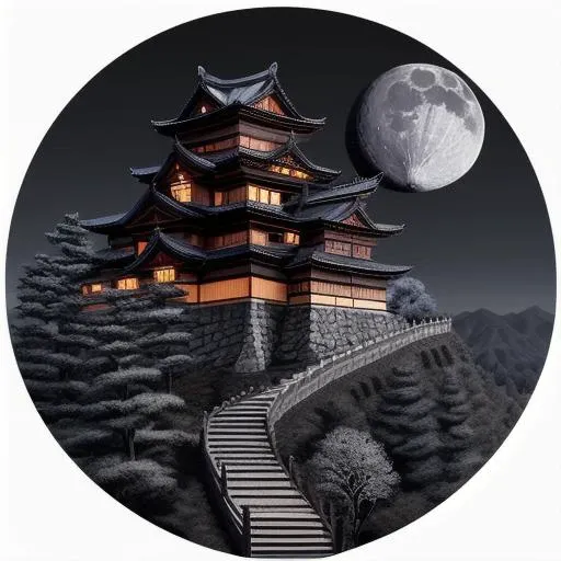 night time, looking up, old samurai castle, on top of a mountain, large moon, fence, winding path, dark, evil, nest quality, 8k, overalldetail