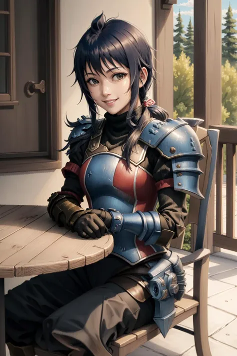 masterpiece, best quality, imca, ribbon, black turtleneck sweater, black gloves, gauntlet, armor, black pants, hands on lap, sitting, chair, table, porch, smile <lora:imca-nvwls-v2:0.9>