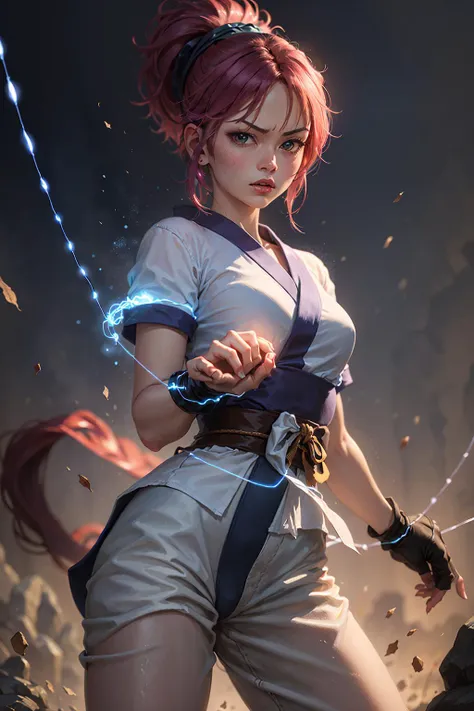 (masterpiece, best quality:1.2), cowboy shot, solo, 1girl, machi komacine, (holding a blue glowing string between her hands:1.3), in a combat stance, looking at viewer, white japanese clothes,white kimono, angry expression <lora:hxh_machi:0.8>