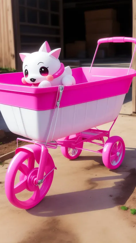 Pink colored <lora:BarbieCore:0.8> BarbieCore Wheelbarrow, (shiny plastic:0.8), (pink plastic:0.9), anime style
