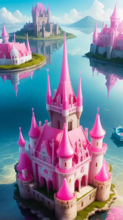 Pink colored <lora:BarbieCore:0.8> BarbieCore a magical city with a castle perched on a floating island above, (shiny plastic:0.8), (pink plastic:0.9), anime style