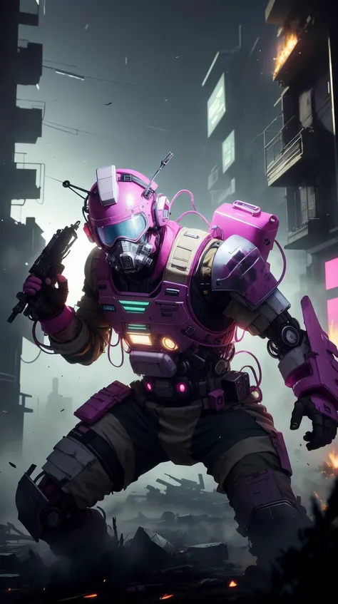 Pink colored <lora:BarbieCore:0.8> BarbieCore portrait, solo, half shot, looking at viewer, detailed background, detailed face, (<lora:CyberPunkAI:0.6>, CyberpunkAI theme:1.1), battlefield-medic, resolute, military medic uniform, headband, gloves, straps, green cross, flag, medical supplies, blood soaked bandages, toruniquet, morphine, wound dressing, blood stains, dynamic movement, war torn battlefield-hospital tent in background, floating particles, embers, intense action, dark fog, epic atmosphere,, (shiny plastic:0.8), (pink plastic:0.9), anime style