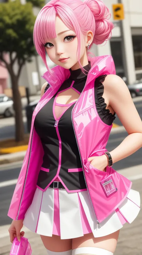 Pink colored <lora:BarbieCore:0.8> BarbieCore vest, (shiny plastic:0.8), (pink plastic:0.9), anime style