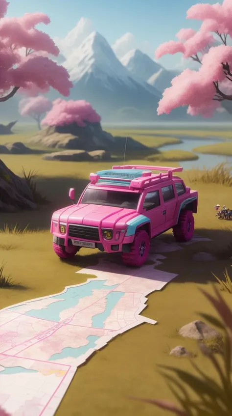 Pink colored <lora:BarbieCore:0.8> BarbieCore pirates quarreling over a map in a marsh, hostile creatures watching, (shiny plastic:0.8), (pink plastic:0.9), anime style