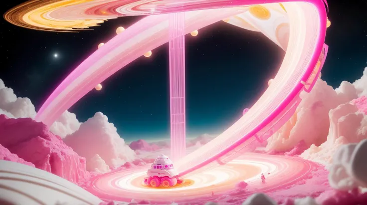 Pink colored <lora:BarbieCore:0.8> BarbieCore a trip into the cascading rings of Saturn, their streaming dust illuminated by the golden sun, (shiny plastic:0.8), (pink plastic:0.9), anime style