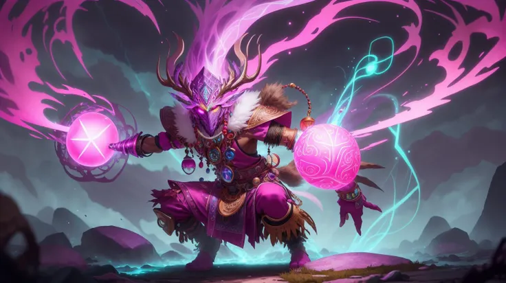 Pink colored <lora:BarbieCore:0.8> BarbieCore solo, (full body:0.6), detailed background, detailed face, (<lora:DruidMagicAI:0.5>, DruidMagicAI, druidic theme:1.1), (glowing eyes:1.05), tribal witchdoctor shaman, mystical, Copper fur lined clothes, beads, totem, headdress, rock formations in background, ritual, storm, ethereal atmosphere,, (shiny plastic:0.8), (pink plastic:0.9), anime style