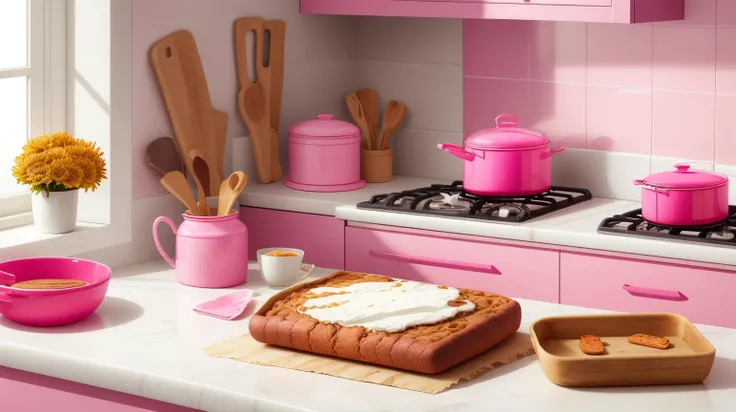 Pink colored <lora:BarbieCore:0.8> BarbieCore baking aromatic cinnamon bread for breakfast in a kitchen filled with morning light, (shiny plastic:0.8), (pink plastic:0.9), anime style
