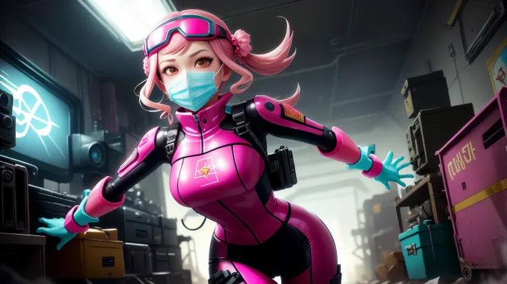 Pink colored <lora:BarbieCore:0.8> BarbieCore portrait, solo, (full body:0.6), looking at viewer, detailed background, detailed face, (<lora:SovietPunkAIv2:0.6>, sovietpunkai, soviet theme:1.1), spy, stealth, subterfuge, espionage, intrigue, secret mission, heist, infiltration, running, gadgets, Turquoise spy clothes, goggles, explosions in background, low light, cinematic atmosphere,, (shiny plastic:0.8), (pink plastic:0.9), anime style