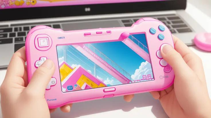 Pink colored <lora:BarbieCore:0.8> BarbieCore Handheld game console, (shiny plastic:0.8), (pink plastic:0.9), anime style